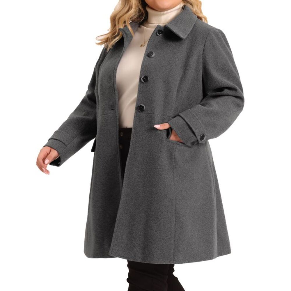 Plus Size Women Turndown Collar Single Breasted Long Wool Coats Gray